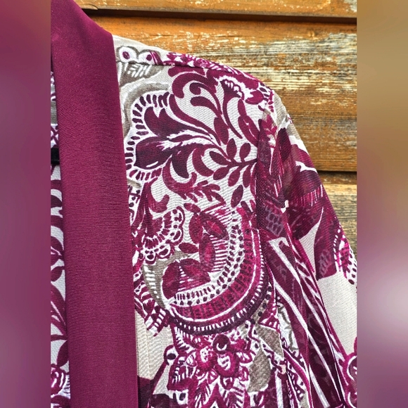 R&M Richard's Luxury Wine/Plum Sheer Lace Floral Open Cardigan Flowy Top Size 12 - Picture 5 of 14